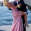 Sheath/Column Pink Velvet Sequins Sleeveless Split Prom Dresses Long Formal Ball Gown