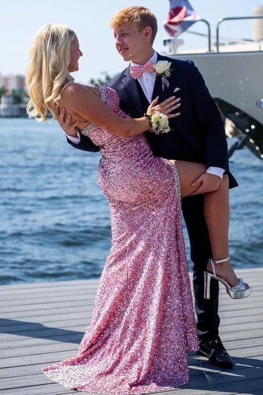 Sheath/Column Pink Velvet Sequins Sleeveless Split Prom Dresses Long Formal Ball Gown Sheath/Column Pink Velvet Sequins Sleeveless Split Prom Dresses Long Formal Ball Gown
