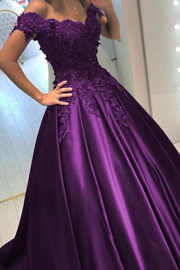 Appliqued Off-The-Shoulder Satin Princess Prom Dresses With Beads-442 Appliqued Off-The-Shoulder Satin Princess Prom Dresses With Beads-442
