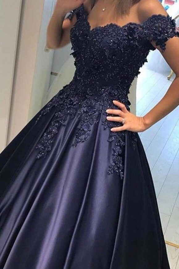 Appliqued Off-The-Shoulder Satin Princess Prom Dresses With Beads-443 Appliqued Off-The-Shoulder Satin Princess Prom Dresses With Beads-443
