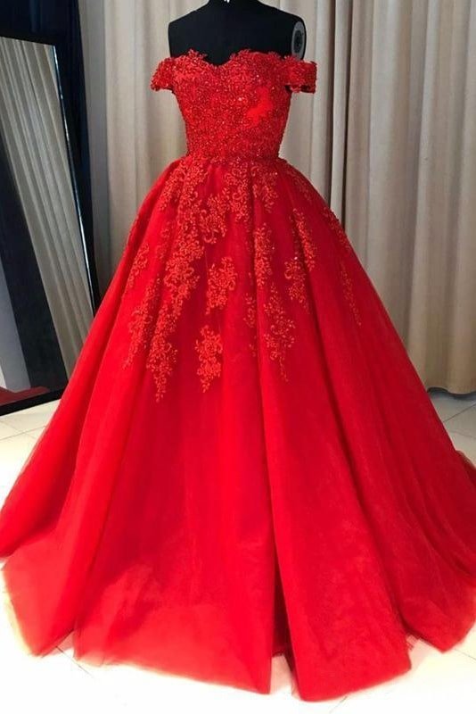 Ball Gown Off-the-Shoulder Sleeveless Court Train Tulle Red Prom Dresses With Pleated Appliqued-0 Ball Gown Off-the-Shoulder Sleeveless Court Train Tulle Red Prom Dresses With Pleated Appliqued-0