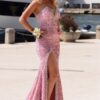 Sheath/Column Pink Velvet Sequins Sleeveless Split Prom Dresses Long Formal Ball Gown