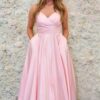 A-line V Neck Long/Floor-Length Satin Prom Dress With Pleated-430