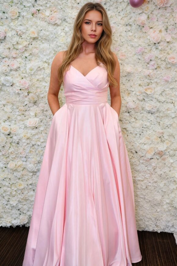A-line V Neck Long/Floor-Length Satin Prom Dress With Pleated-430 A-line V Neck Long/Floor-Length Satin Prom Dress With Pleated-430