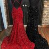 Trumpet/Mermaid V Neck Sleeveless Velvet Sequins Court Train Prom Dresses With Pleated-445