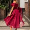 A-line Off-the-Shoulder Short Sleeve Tea-Length Tulle Homecoming Dress with Pleated Pockets-650