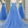 A-line V Neck Long/Floor-Length Tulle Sparkling Prom Dresses with Split Glitter Ball Gowns-790