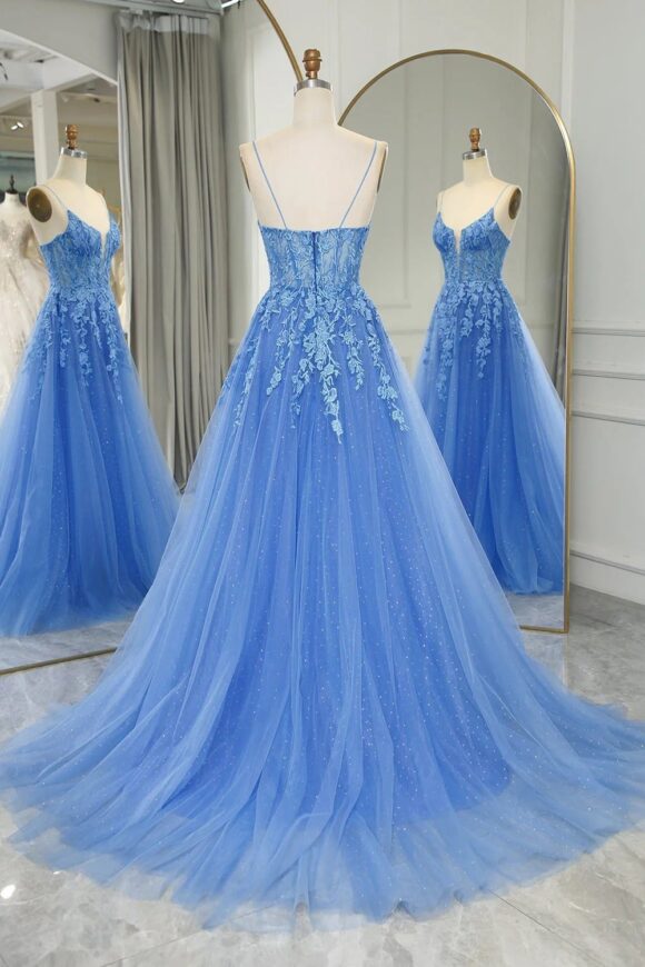 A-line V Neck Long/Floor-Length Tulle Sparkling Prom Dresses with Split Glitter Ball Gowns-790 A-line V Neck Long/Floor-Length Tulle Sparkling Prom Dresses with Split Glitter Ball Gowns-790
