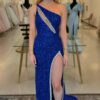 Sheath/Column One-Shoulder Sequins Sleeveless Long Prom Dress with Slit Royal Blue Prom Gown-0