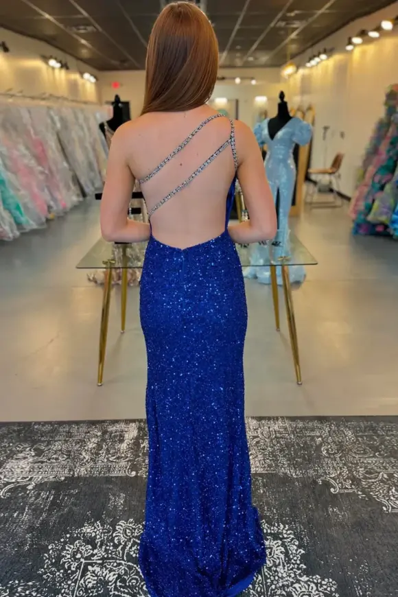 Sheath/Column One-Shoulder Sequins Sleeveless Long Prom Dress with Slit Royal Blue Prom Gown-906 Sheath/Column One-Shoulder Sequins Sleeveless Long Prom Dress with Slit Royal Blue Prom Gown-906