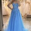 A-line V Neck Long/Floor-Length Tulle Sparkling Prom Dresses with Split Glitter Ball Gowns-0