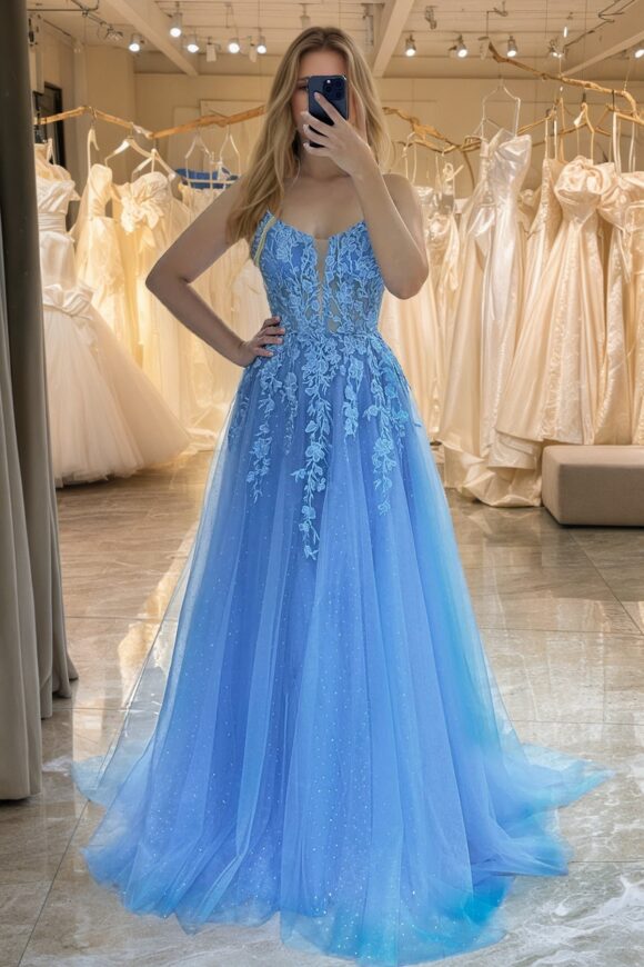 A-line V Neck Long/Floor-Length Tulle Sparkling Prom Dresses with Split Glitter Ball Gowns-0 A-line V Neck Long/Floor-Length Tulle Sparkling Prom Dresses with Split Glitter Ball Gowns-0