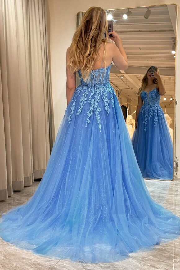 A-line V Neck Long/Floor-Length Tulle Sparkling Prom Dresses with Split Glitter Ball Gowns-794 A-line V Neck Long/Floor-Length Tulle Sparkling Prom Dresses with Split Glitter Ball Gowns-794