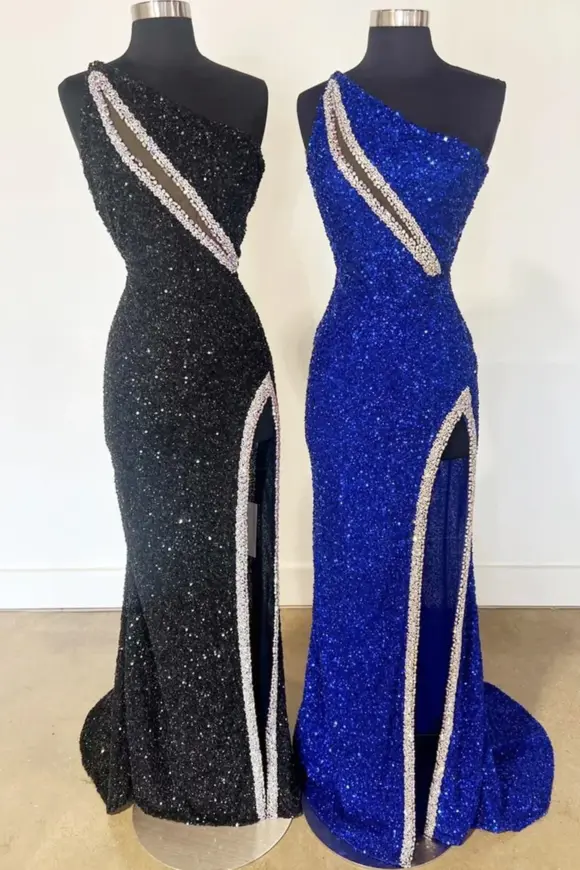Sheath/Column One-Shoulder Sequins Sleeveless Long Prom Dress with Slit Royal Blue Prom Gown-907 Sheath/Column One-Shoulder Sequins Sleeveless Long Prom Dress with Slit Royal Blue Prom Gown-907