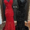 Trumpet/Mermaid V Neck Sleeveless Velvet Sequins Court Train Prom Dresses With Pleated-0