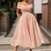A-line Off-the-Shoulder Short Sleeve Tea-Length Tulle Homecoming Dress with Pleated Pockets-0