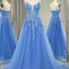 A-line V Neck Long/Floor-Length Tulle Sparkling Prom Dresses with Split Glitter Ball Gowns-795