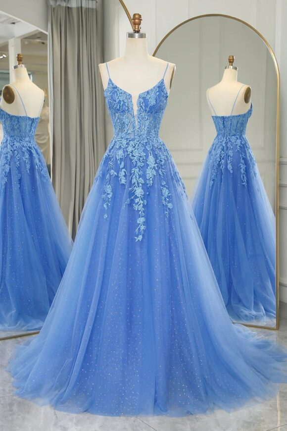 A-line V Neck Long/Floor-Length Tulle Sparkling Prom Dresses with Split Glitter Ball Gowns-795 A-line V Neck Long/Floor-Length Tulle Sparkling Prom Dresses with Split Glitter Ball Gowns-795