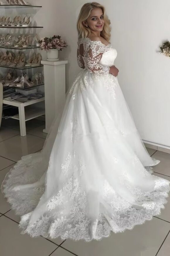 A-Line/Princess Off-the-Shoulder Long Sleeves Court Train Lace Tulle Wedding Dresses-664 A-Line/Princess Off-the-Shoulder Long Sleeves Court Train Lace Tulle Wedding Dresses-664