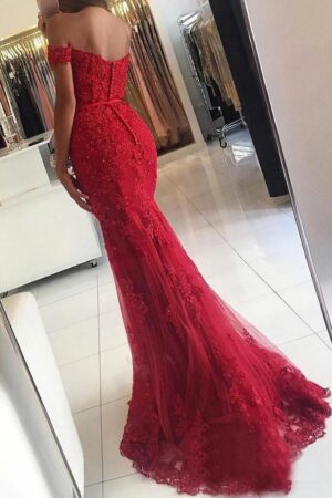 Lace Long/Floor-Length Trumpet/Mermaid Sleeveless Off-The-Shoulder Zipper Prom Dresses With Appliqued Beaded-503