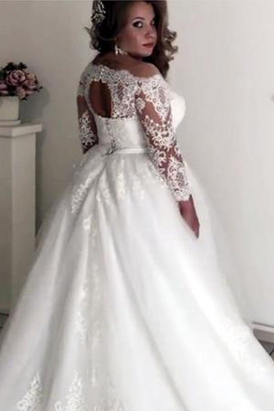 A-Line/Princess Off-the-Shoulder Long Sleeves Court Train Lace Tulle Wedding Dresses-665 A-Line/Princess Off-the-Shoulder Long Sleeves Court Train Lace Tulle Wedding Dresses-665
