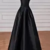 A-Line/Princess Halter Satin Sleeveless Long Prom Dress Black Prom Gown-912