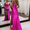 Sheath/Column Sweetheart Sleeveless Silk like Satin Sweep Train Prom Dresses With Split Ruffles-449