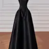A-Line/Princess Halter Satin Sleeveless Long Prom Dress Black Prom Gown-0