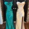 Sheath/Column Sweetheart Sleeveless Silk like Satin Sweep Train Prom Dresses With Split Ruffles-450
