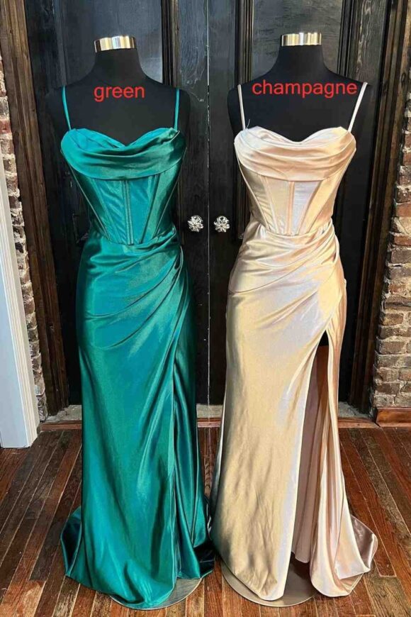 Sheath/Column Sweetheart Sleeveless Silk like Satin Sweep Train Prom Dresses With Split Ruffles-450 Sheath/Column Sweetheart Sleeveless Silk like Satin Sweep Train Prom Dresses With Split Ruffles-450