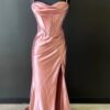 Sheath/Column Sweetheart Sleeveless Silk like Satin Sweep Train Prom Dresses With Split Ruffles-451