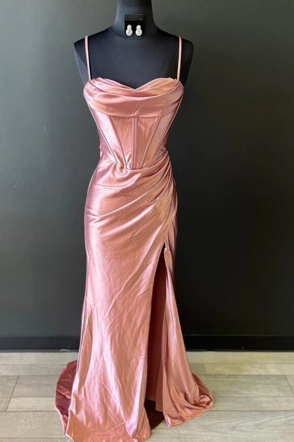 Sheath/Column Sweetheart Sleeveless Silk like Satin Sweep Train Prom Dresses With Split Ruffles-451 Sheath/Column Sweetheart Sleeveless Silk like Satin Sweep Train Prom Dresses With Split Ruffles-451