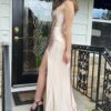 Sheath/Column Sweetheart Sleeveless Silk like Satin Sweep Train Prom Dresses With Split Ruffles-454