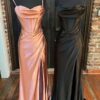 Sheath/Column Sweetheart Sleeveless Silk like Satin Sweep Train Prom Dresses With Split Ruffles-0