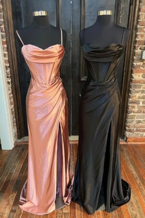 Sheath/Column Sweetheart Sleeveless Silk like Satin Sweep Train Prom Dresses With Split Ruffles-0