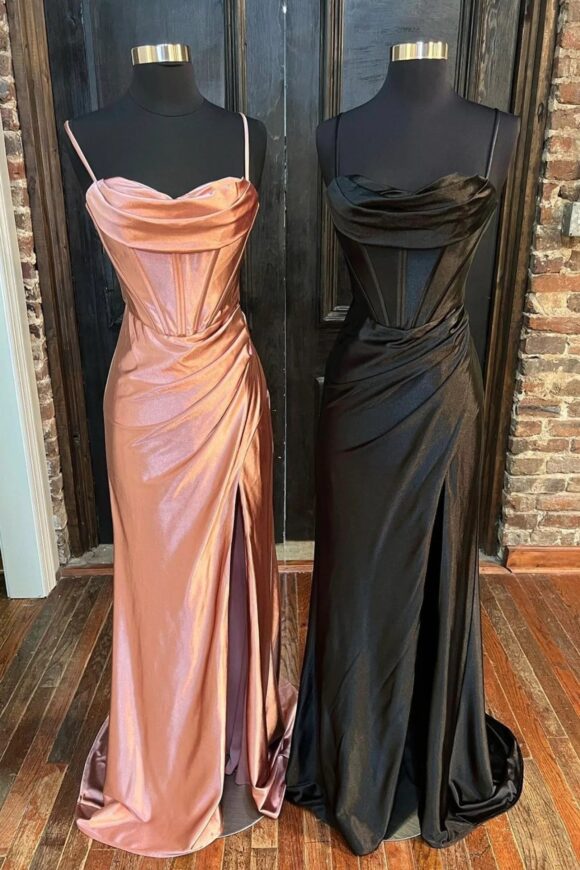 Sheath/Column Sweetheart Sleeveless Silk like Satin Sweep Train Prom Dresses With Split Ruffles-0 Sheath/Column Sweetheart Sleeveless Silk like Satin Sweep Train Prom Dresses With Split Ruffles-0