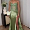 Prom Dress 2025 Green Silk Spaghetti Mermaid Strapless Long Formal Dress with Split