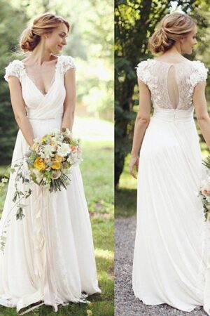 A-Line/Princess Chiffon Ruched V-neck Short Sleeves Sweep/Brush Train Wedding Dresses-0