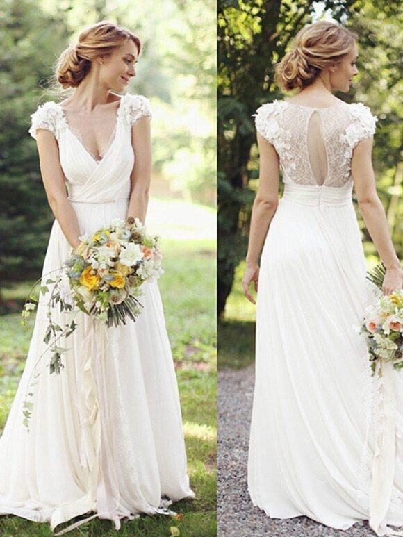A-Line/Princess Chiffon Ruched V-neck Short Sleeves Sweep/Brush Train Wedding Dresses-0 A-Line/Princess Chiffon Ruched V-neck Short Sleeves Sweep/Brush Train Wedding Dresses-0