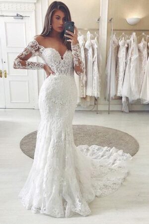 Trumpet/Mermaid Tulle Applique Off-the-Shoulder Long Sleeves Chapel Train Wedding Dresses-0