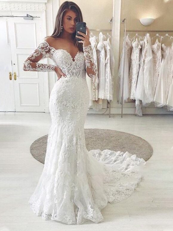 Trumpet/Mermaid Tulle Applique Off-the-Shoulder Long Sleeves Chapel Train Wedding Dresses-0 Trumpet/Mermaid Tulle Applique Off-the-Shoulder Long Sleeves Chapel Train Wedding Dresses-0