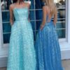 A-Line/Princess Sequins Spaghetti Straps Sleeveless Sweep/Brush Train Prom Dresses