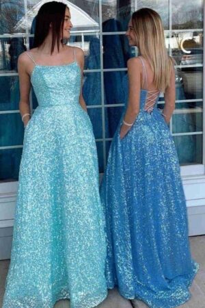 A-Line/Princess Sequins Spaghetti Straps Sleeveless Sweep/Brush Train Prom Dresses