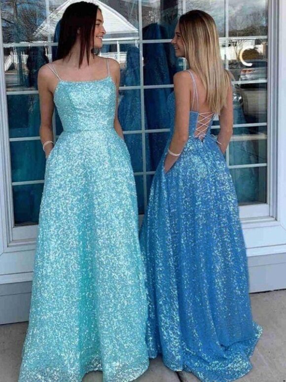 A-Line/Princess Sequins Spaghetti Straps Sleeveless Sweep/Brush Train Prom Dresses A-Line/Princess Sequins Spaghetti Straps Sleeveless Sweep/Brush Train Prom Dresses