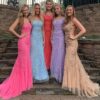 Sheath/Column Tulle Applique Prom Dresses Spaghetti Straps Sleeveless Long Formal Evening Gowns-0