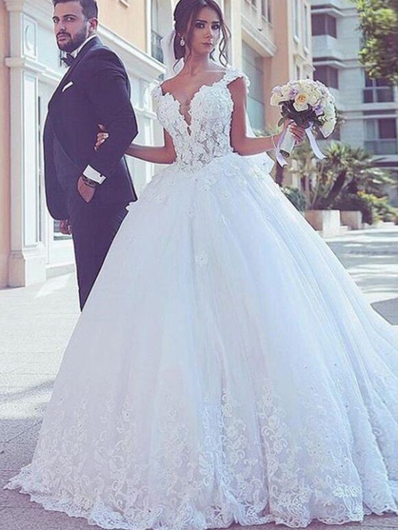 Ball Gown Sweetheart Sleeveless Sweep/Brush Train Lace Tulle Wedding Dresses-0 Ball Gown Sweetheart Sleeveless Sweep/Brush Train Lace Tulle Wedding Dresses-0