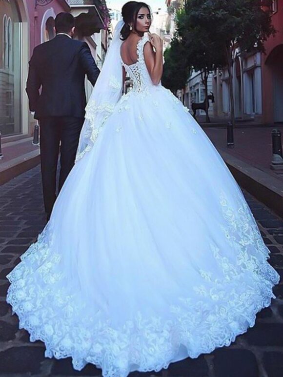 Ball Gown Sweetheart Sleeveless Sweep/Brush Train Lace Tulle Wedding Dresses-729 Ball Gown Sweetheart Sleeveless Sweep/Brush Train Lace Tulle Wedding Dresses-729