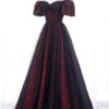 Black Tulle A-Line Prom Dress with Rose Print, Black Off Shoulder Formal Evening Dress