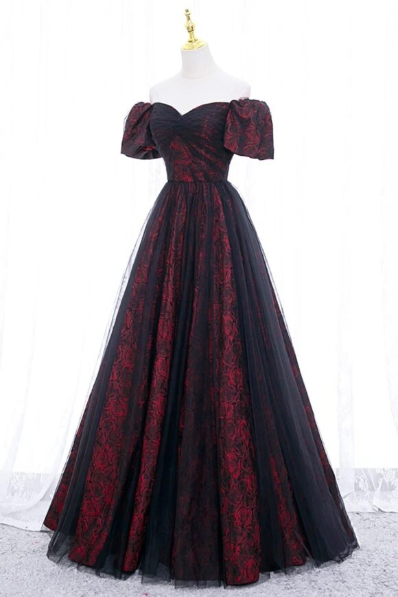Black Tulle A-Line Prom Dress with Rose Print, Black Off Shoulder Formal Evening Dress