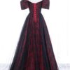 Black Tulle A-Line Prom Dress with Rose Print, Black Off Shoulder Formal Evening Dress